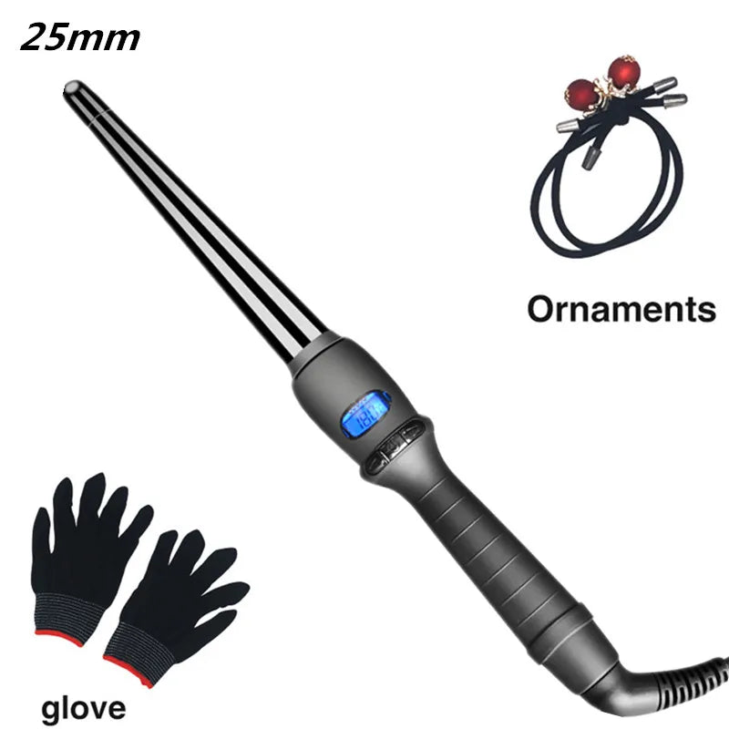 LCD Curlers Conical Curling Iron Single Tube Ceramic Glaze Pear Flower Cone Electric Hair Curly Hair General Voltage: 110-240 v