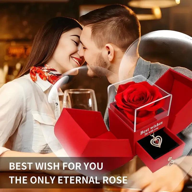 Heart Necklace with Red Rose Gift Box for Mother's Day Present, Christmas Day, Valentine's Date Souvenir, Anniversary Keepsake
