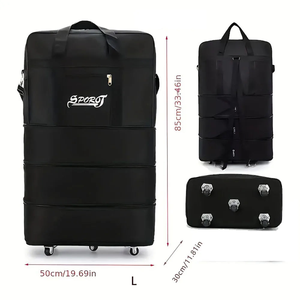 Travelling Pack Wheels For Women Men Expandable Foldable Trolley Luggage Versatile Black Suitcase for Weekend Trip Overnight Bag