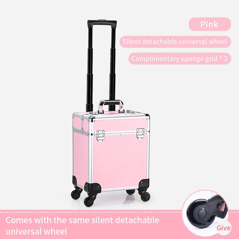 Aluminum Rolling Makeup Case Lockable Cosmetic Salon Organizer Trolley Case with Trays