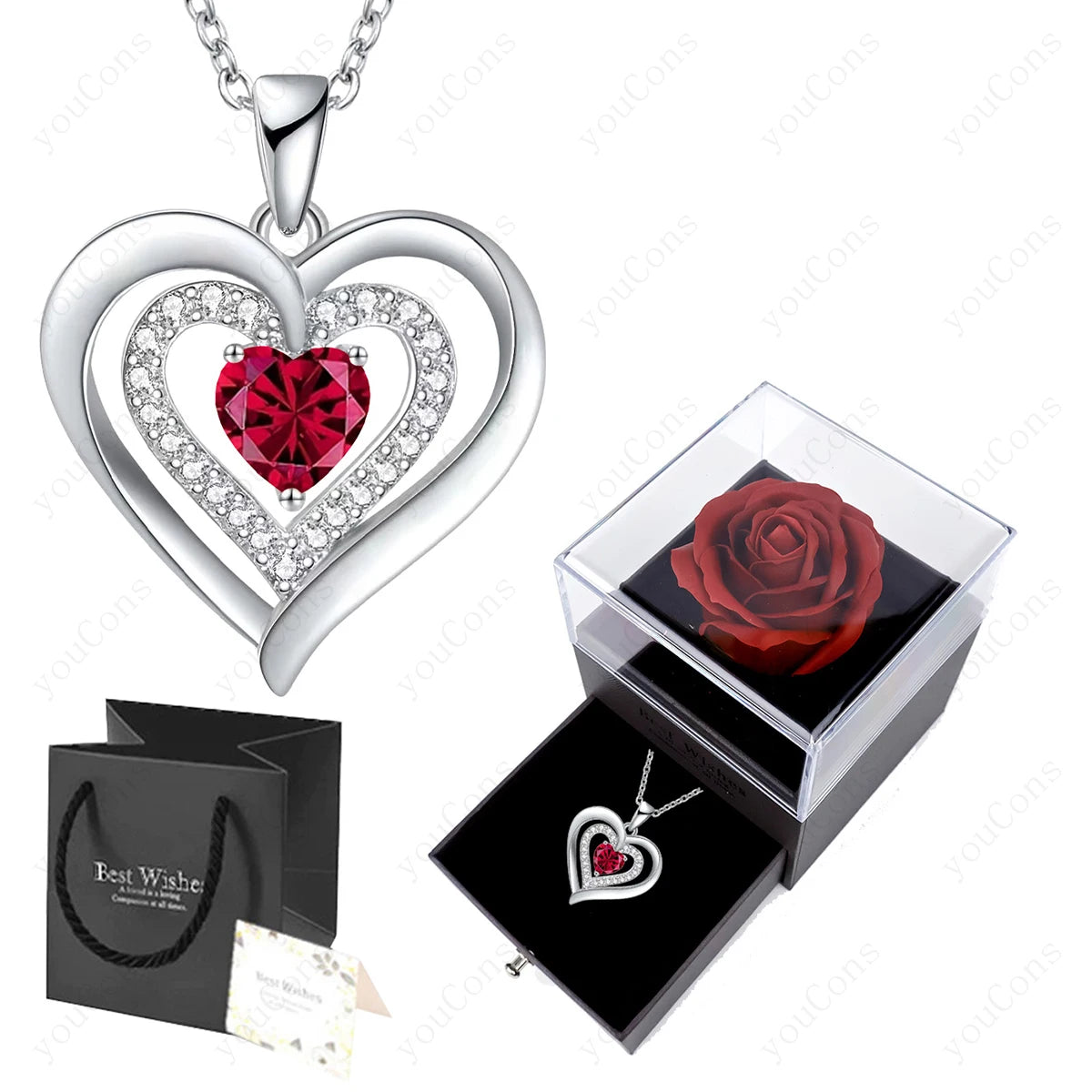Zircon Heart Pendant Necklace With Rose Bow Box 2025 New Jewelry Set For Girlfriend Mother Christmas Anniversary Valentine Gift