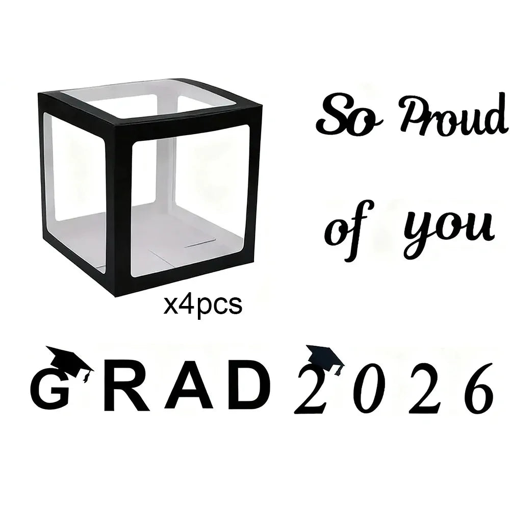 4pcs 2026 Black Graduation Balloon Boxes GRAD 2026 So Proud of You Balloon Box for Graduation Party Props Background Decoration