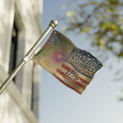 4th of July Double-Sided Flag — "Happy 4th of July" Vintage Fireworks Outdoor Flag
