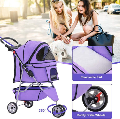 Purple Pet Travel Stroller for Small and Medium Dogs, Cats Folding Travel Carrier with Cup Holder, Waterproof Design, Removable Liner
