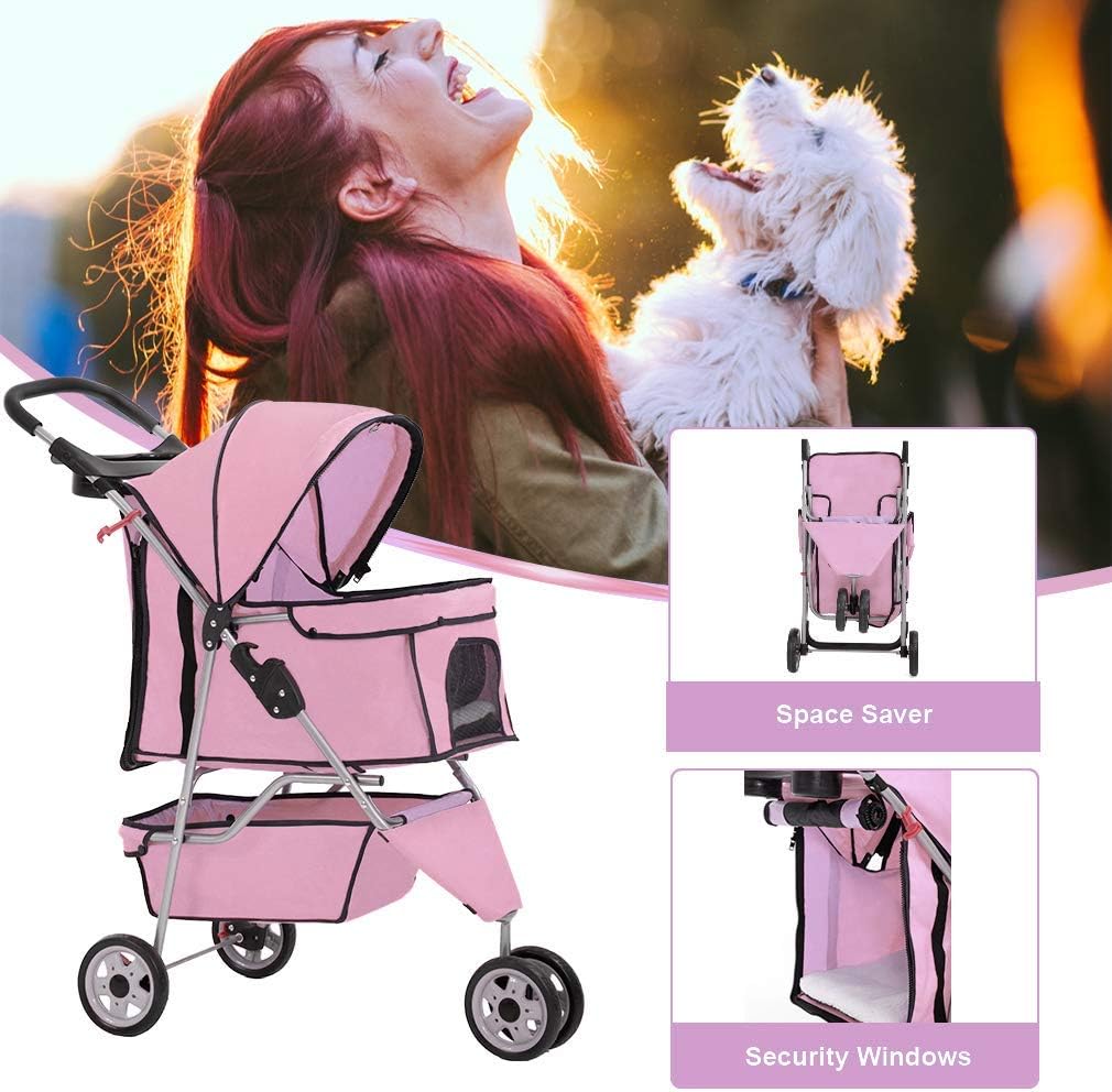 Chic 3-Wheel Pet Stroller, Lightweight Travel Carrier, Foldable Design, Mesh Window & Cup Holder for Small, Medium Dogs, Cats