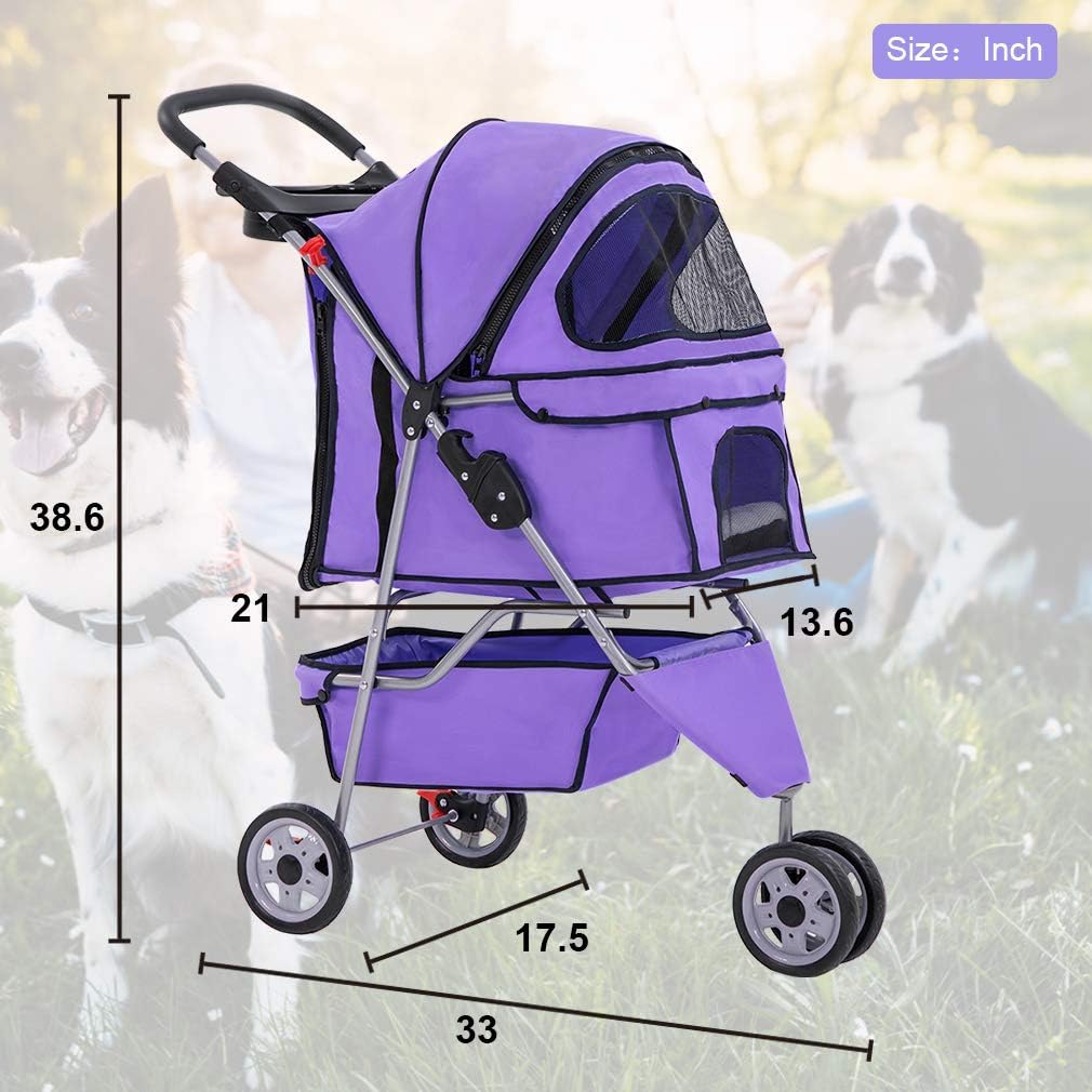 Purple Pet Travel Stroller for Small and Medium Dogs, Cats Folding Travel Carrier with Cup Holder, Waterproof Design, Removable Liner