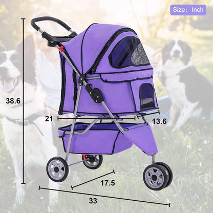 Purple Pet Travel Stroller for Small and Medium Dogs, Cats Folding Travel Carrier with Cup Holder, Waterproof Design, Removable Liner