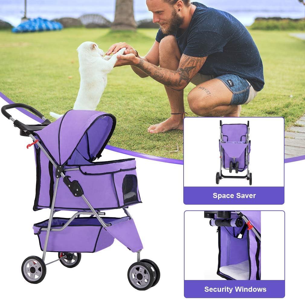 Purple Pet Travel Stroller for Small and Medium Dogs, Cats Folding Travel Carrier with Cup Holder, Waterproof Design, Removable Liner