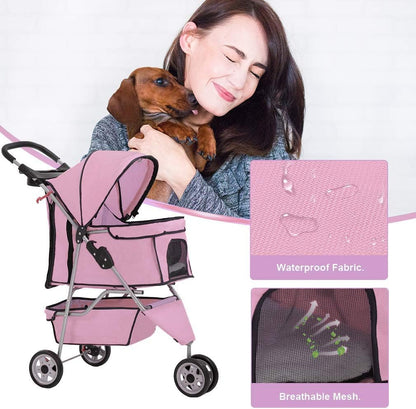 Chic 3-Wheel Pet Stroller, Lightweight Travel Carrier, Foldable Design, Mesh Window & Cup Holder for Small, Medium Dogs, Cats