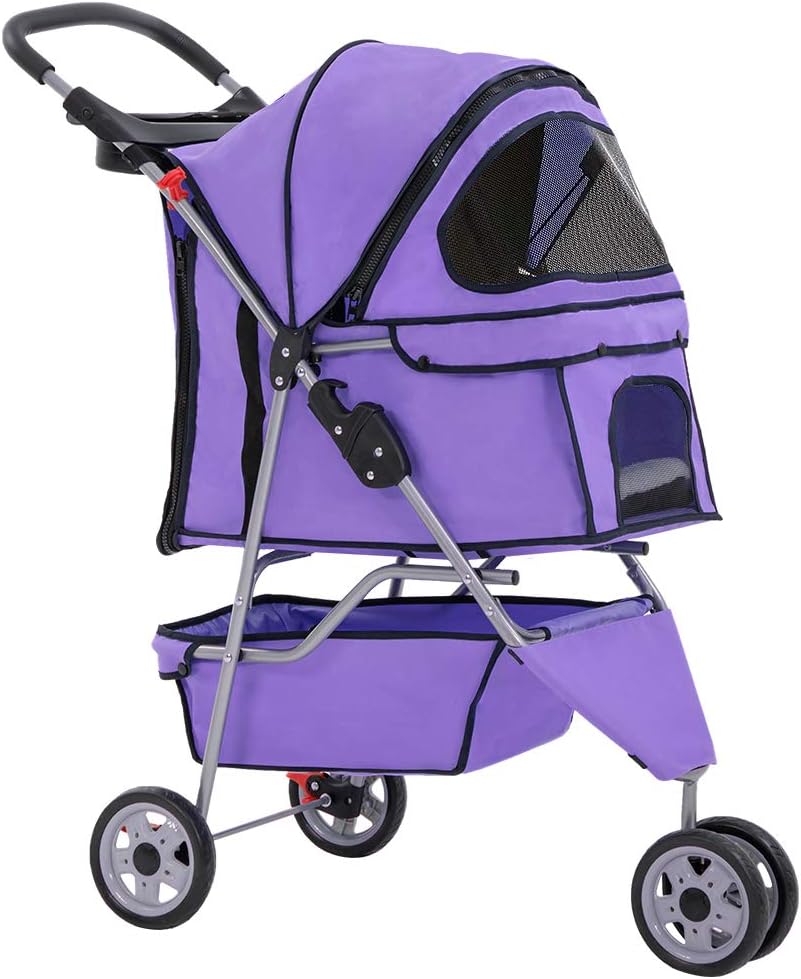 Purple Pet Travel Stroller for Small and Medium Dogs, Cats Folding Travel Carrier with Cup Holder, Waterproof Design, Removable Liner