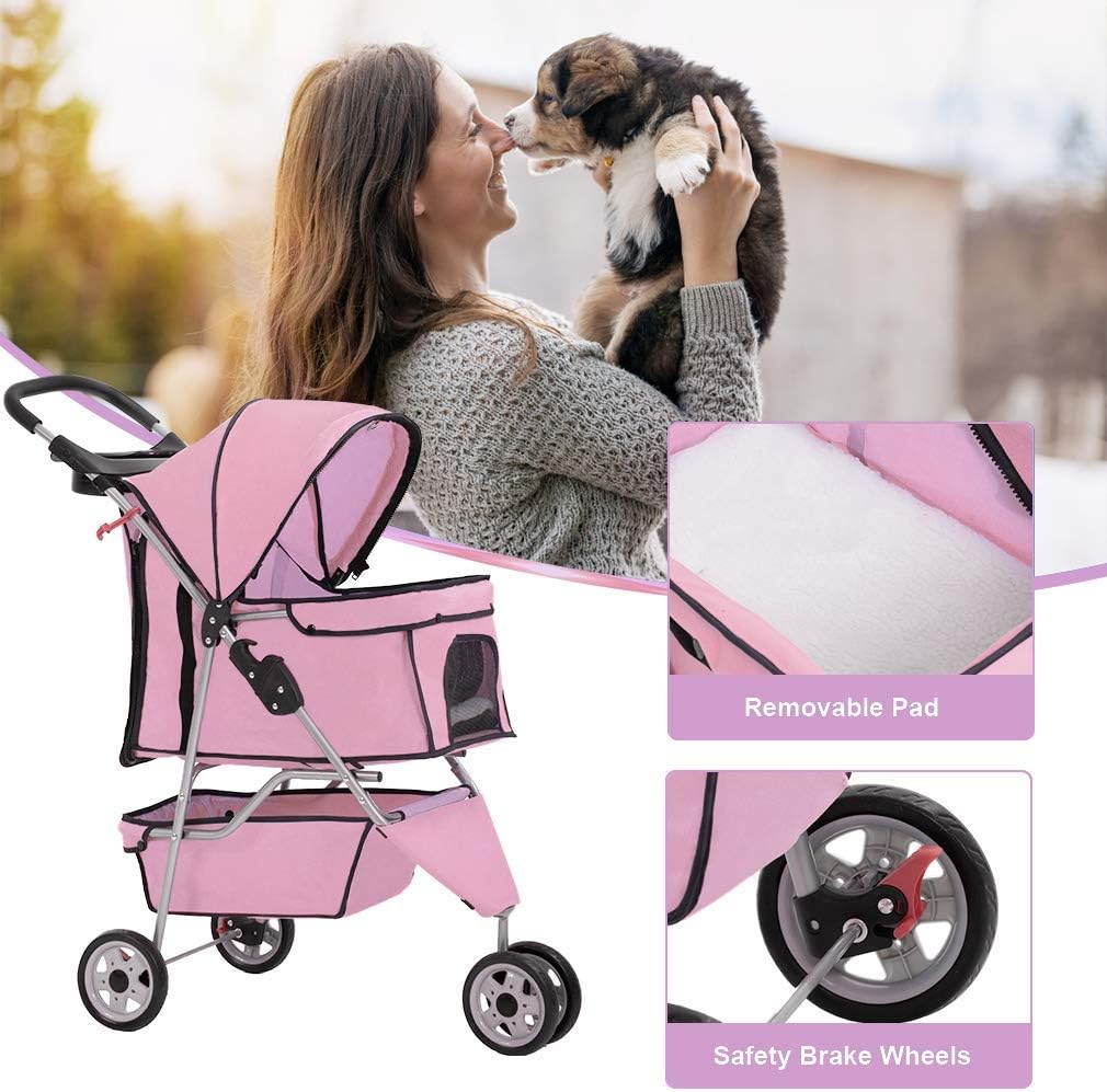 Chic 3-Wheel Pet Stroller, Lightweight Travel Carrier, Foldable Design, Mesh Window & Cup Holder for Small, Medium Dogs, Cats