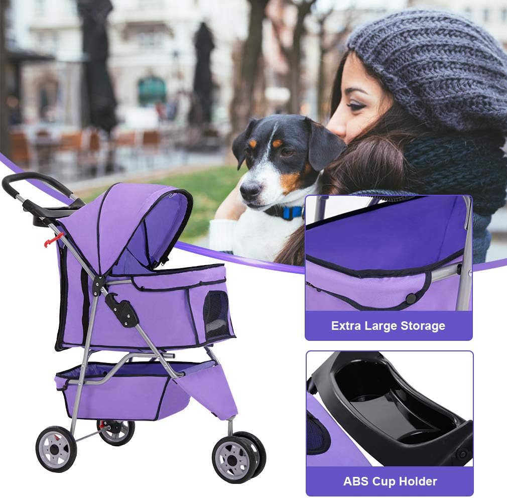 Purple Pet Travel Stroller for Small and Medium Dogs, Cats Folding Travel Carrier with Cup Holder, Waterproof Design, Removable Liner
