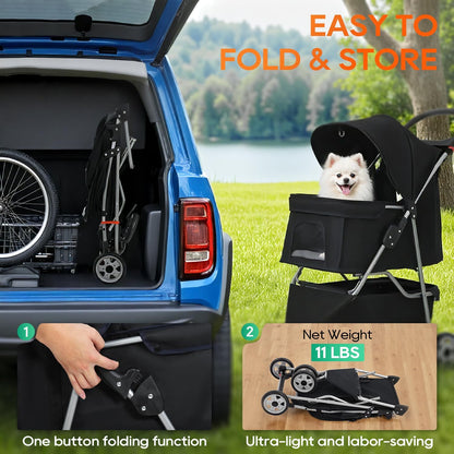 Easy Ride Pet Stroller, Travel Carrier, for Small and Medium Dogs, Cats, Waterproof, Foldable Design, Storage Basket, Black