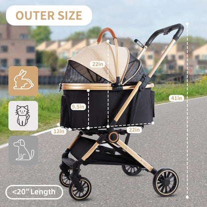 3 in 1 Ultimate Pet Travel Stroller with 4 Wheels, Foldable Travel Carrier for Small, Medium Dogs & Cats up to 50lbs, Detachable Portable Bag, Basket