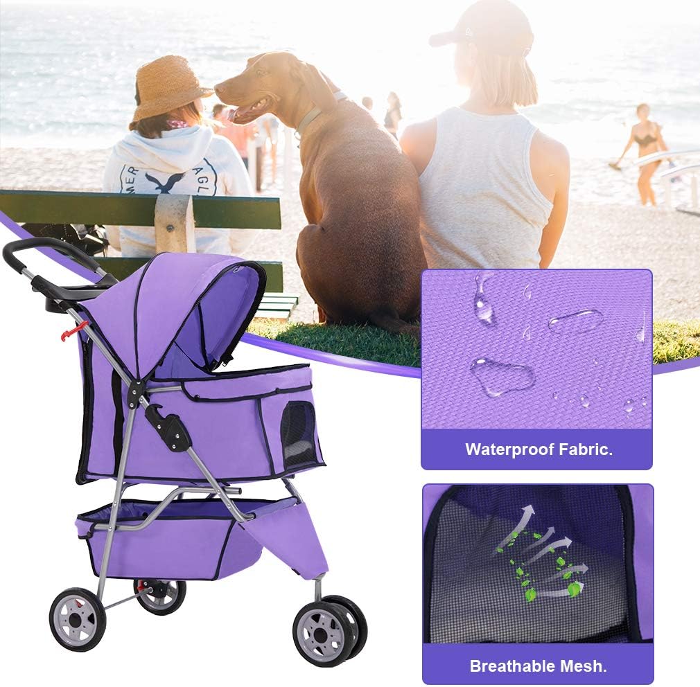 Purple Pet Travel Stroller for Small and Medium Dogs, Cats Folding Travel Carrier with Cup Holder, Waterproof Design, Removable Liner