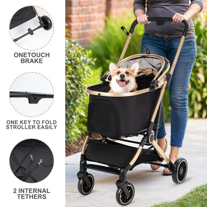 3 in 1 Ultimate Pet Travel Stroller with 4 Wheels, Foldable Travel Carrier for Small, Medium Dogs & Cats up to 50lbs, Detachable Portable Bag, Basket