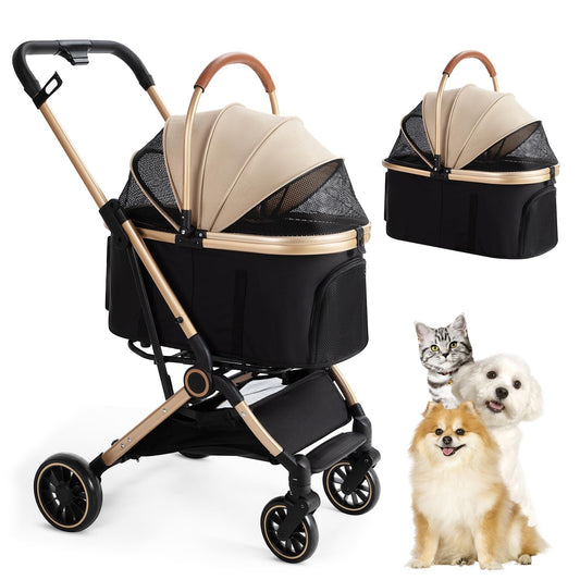 3 in 1 Ultimate Pet Travel Stroller with 4 Wheels, Foldable Travel Carrier for Small, Medium Dogs & Cats up to 50lbs, Detachable Portable Bag, Basket