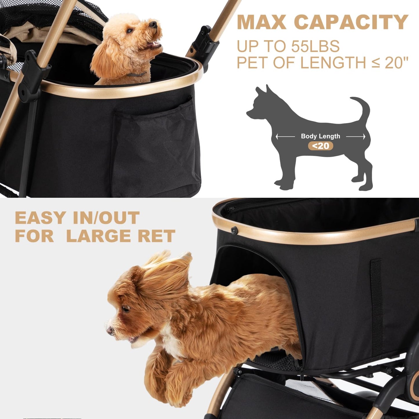 3 in 1 Ultimate Pet Travel Stroller with 4 Wheels, Foldable Travel Carrier for Small, Medium Dogs & Cats up to 50lbs, Detachable Portable Bag, Basket
