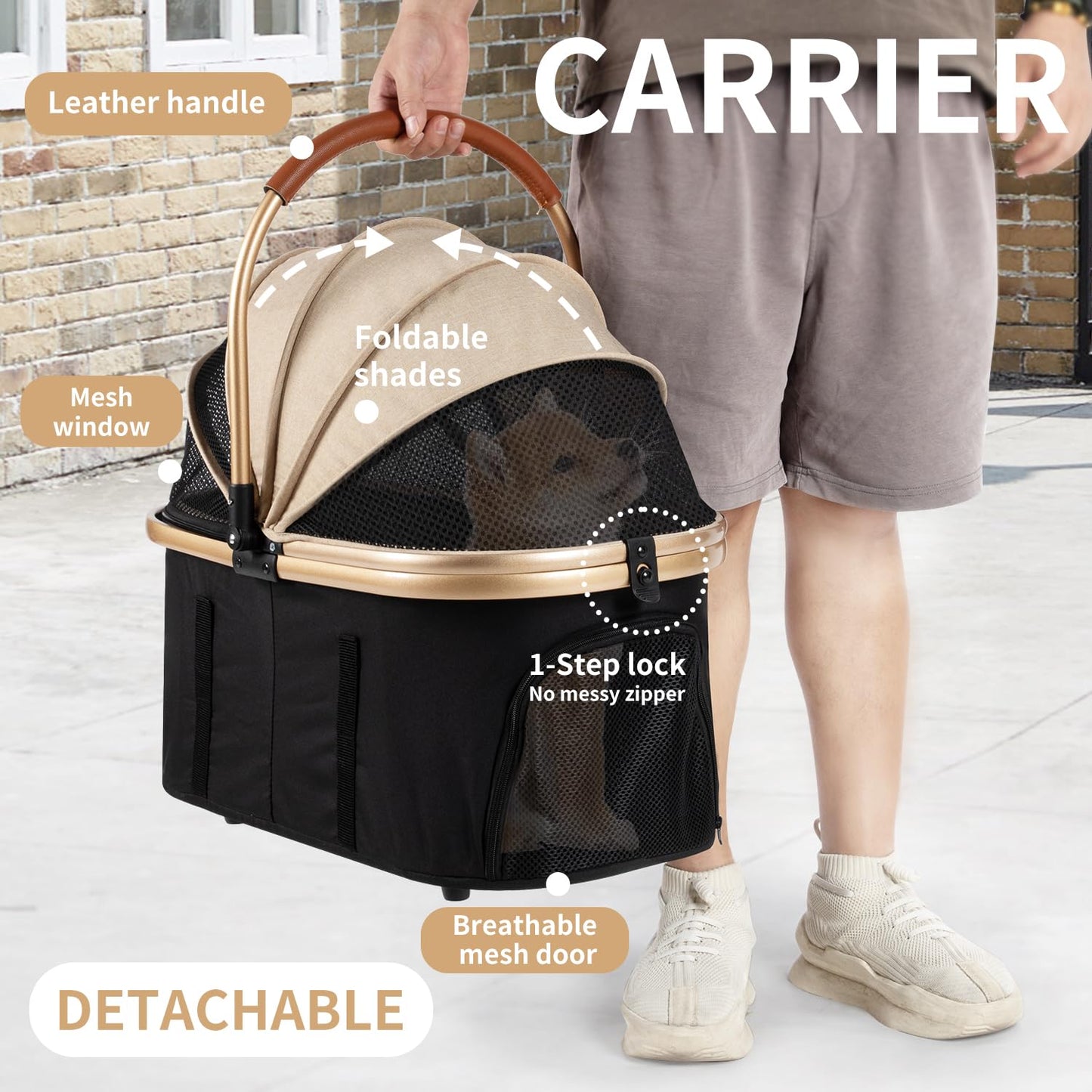 3 in 1 Ultimate Pet Travel Stroller with 4 Wheels, Foldable Travel Carrier for Small, Medium Dogs & Cats up to 50lbs, Detachable Portable Bag, Basket