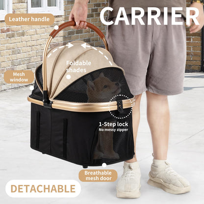 3 in 1 Ultimate Pet Travel Stroller with 4 Wheels, Foldable Travel Carrier for Small, Medium Dogs & Cats up to 50lbs, Detachable Portable Bag, Basket