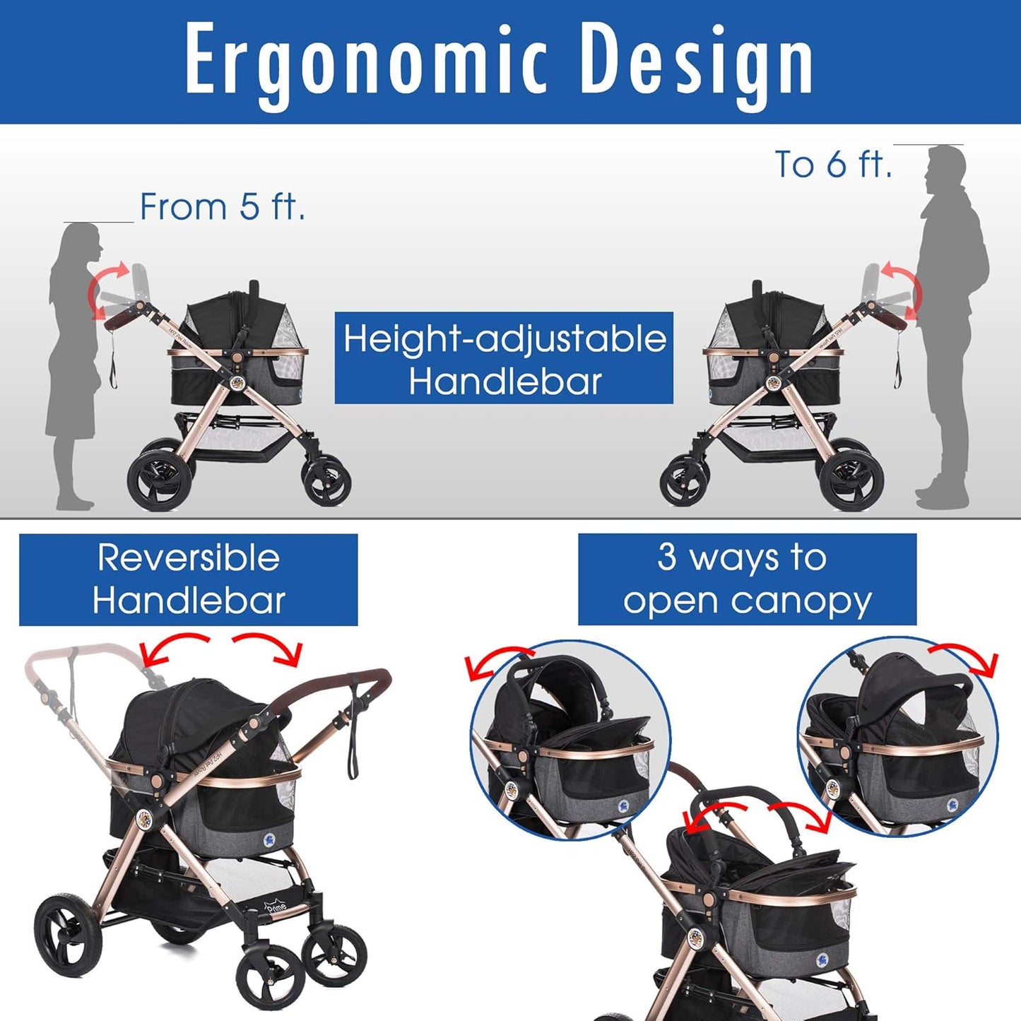 Pet Rover Luxury Stroller, Travel Carrier, Car Seat for Small & Medium Dogs, Cats (Black)
