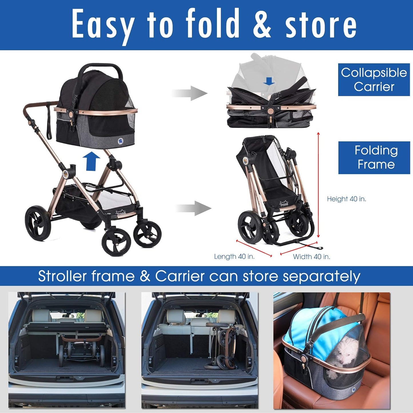 Pet Rover Luxury Stroller, Travel Carrier, Car Seat for Small & Medium Dogs, Cats (Black)