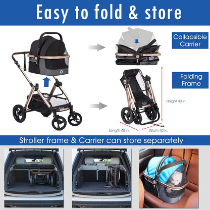 Pet Rover Luxury Stroller, Travel Carrier, Car Seat for Small & Medium Dogs, Cats (Black)