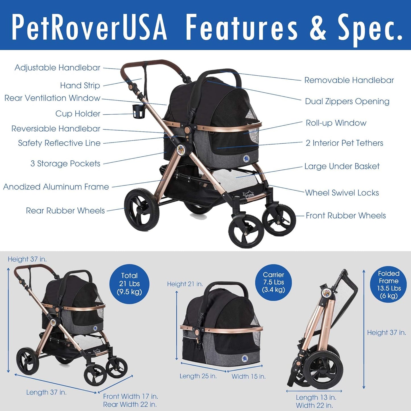 Pet Rover Luxury Stroller, Travel Carrier, Car Seat for Small & Medium Dogs, Cats (Black)