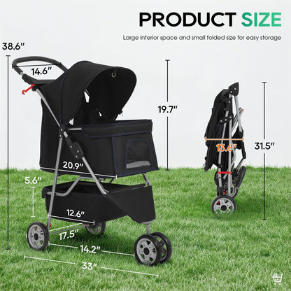 Easy Ride Pet Stroller, Travel Carrier, for Small and Medium Dogs, Cats, Waterproof, Foldable Design, Storage Basket, Black
