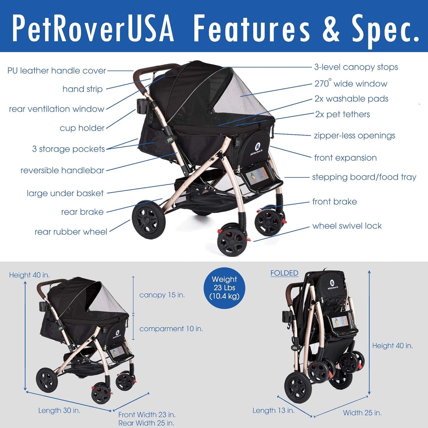 Titan Super-Size Rover Premium Heavy Duty Ride Stroller for Small, Medium, Large Pets, 2nd-Gen X-Large (Black)