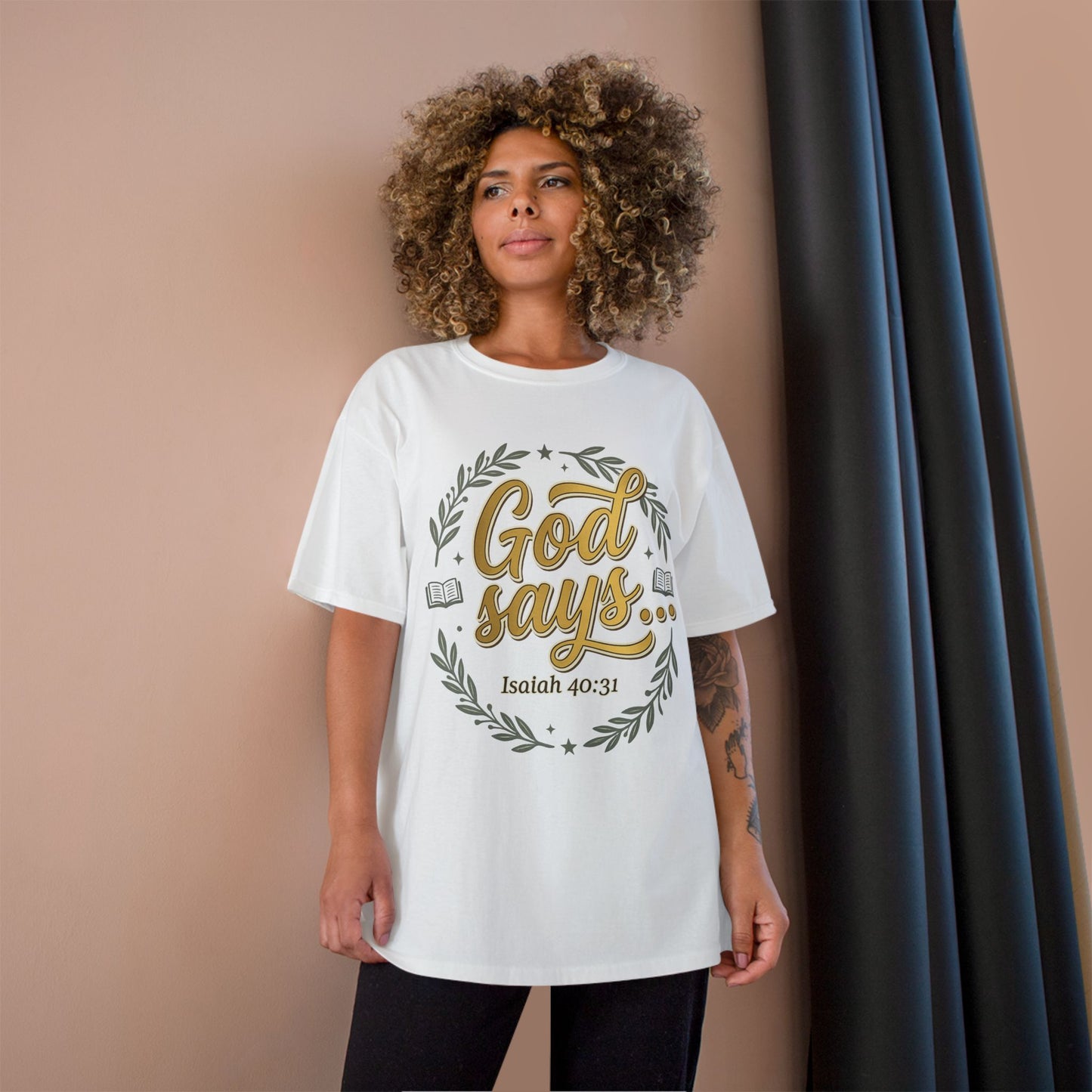 Christian T-Shirt — "God Says" Isaiah 40:31 / Back Psalm 27:14 & 37:7 Inspirational Tee