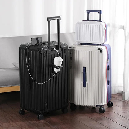 Multifunction Spinner Luggage with USB Charging Port and Cup Holder Aluminum Frame Hard Equipment Suitcase Luggage