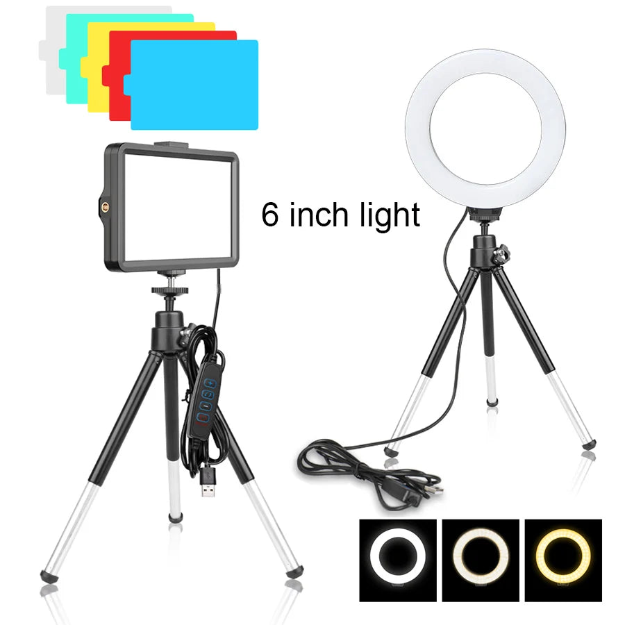 6 Inch LED Photography Video Light Panel RGB Filters Lighting Photo Studio Lamp Kit for Shoot Live Streaming Ring Light Tripod