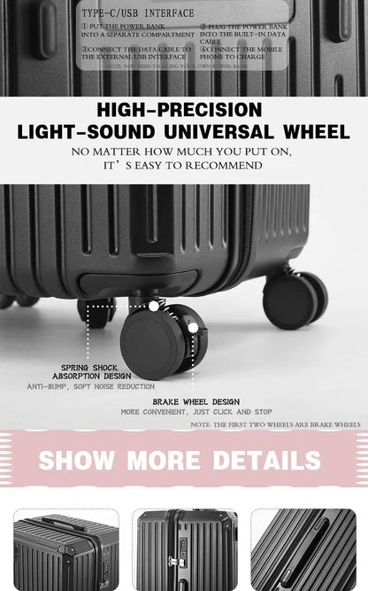 Multifunction Spinner Luggage with USB Charging Port and Cup Holder Aluminum Frame Hard Equipment Suitcase Luggage