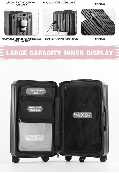 Multifunction Spinner Luggage with USB Charging Port and Cup Holder Aluminum Frame Hard Equipment Suitcase Luggage