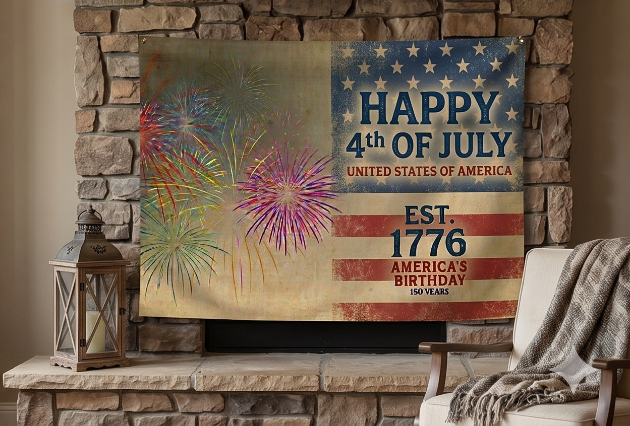 4th of July Double-Sided Flag — "Happy 4th of July" Vintage Fireworks Outdoor Flag