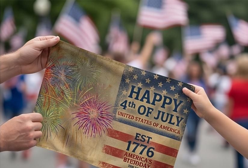 4th of July Double-Sided Flag — "Happy 4th of July" Vintage Fireworks Outdoor Flag