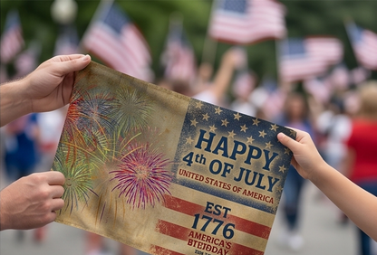 4th of July Double-Sided Flag — "Happy 4th of July" Vintage Fireworks Outdoor Flag