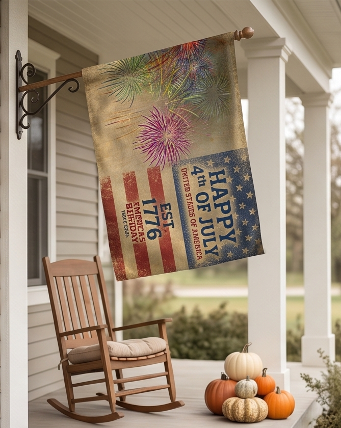 4th of July Double-Sided Flag — "Happy 4th of July" Vintage Fireworks Outdoor Flag