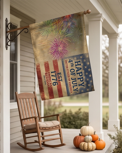4th of July Double-Sided Flag — "Happy 4th of July" Vintage Fireworks Outdoor Flag