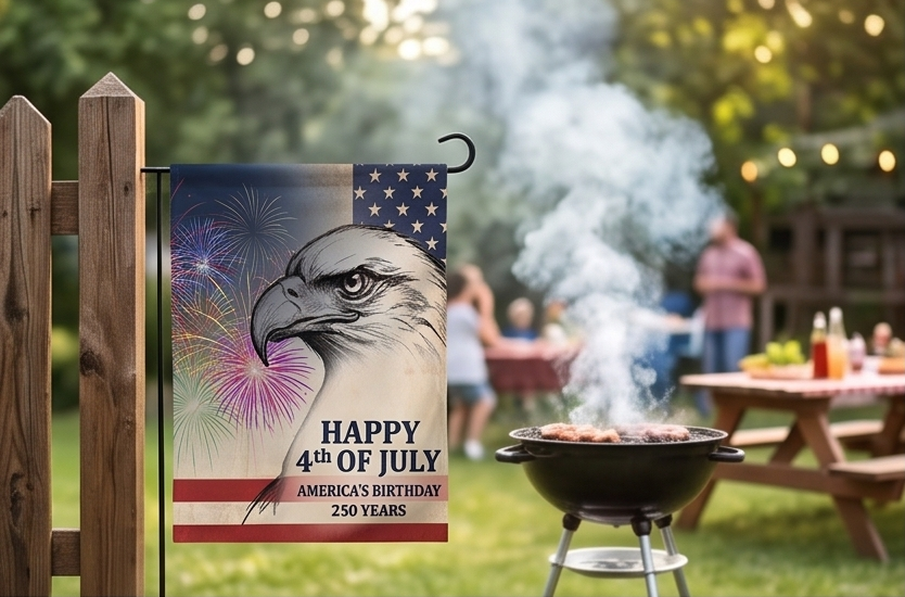 4th of July Double-Sided Flag — Patriotic Eagle Fireworks Outdoor Banner