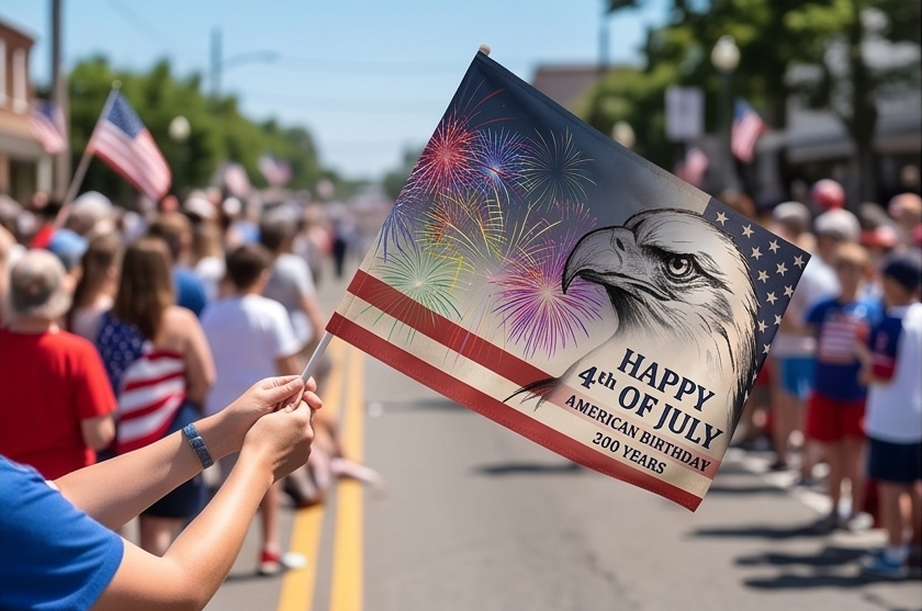 4th of July Double-Sided Flag — Patriotic Eagle Fireworks Outdoor Banner