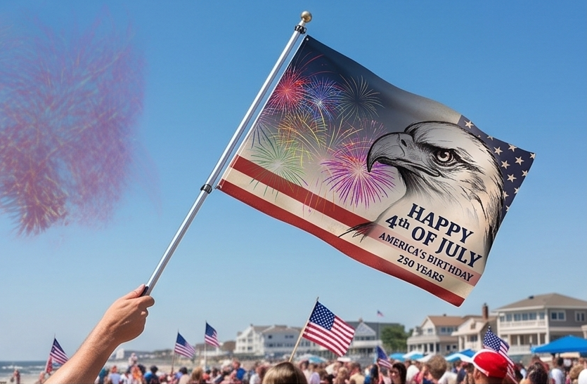 4th of July Double-Sided Flag — Patriotic Eagle Fireworks Outdoor Banner