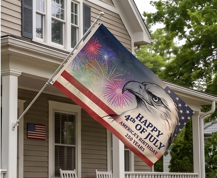 4th of July Double-Sided Flag — Patriotic Eagle Fireworks Outdoor Banner