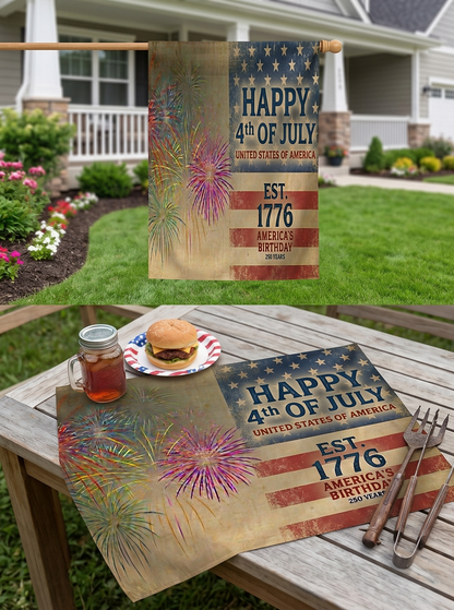 4th of July Double-Sided Flag — "Happy 4th of July" Vintage Fireworks Outdoor Flag