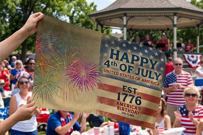 4th of July Double-Sided Flag — "Happy 4th of July" Vintage Fireworks Outdoor Flag