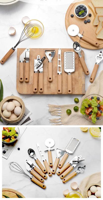Kitchen Gadget Set Wooden Handle Stainless Steel Utensils Can Opener Peeler Garlic Press Cheese Grater Whisk Kitchen Accessories