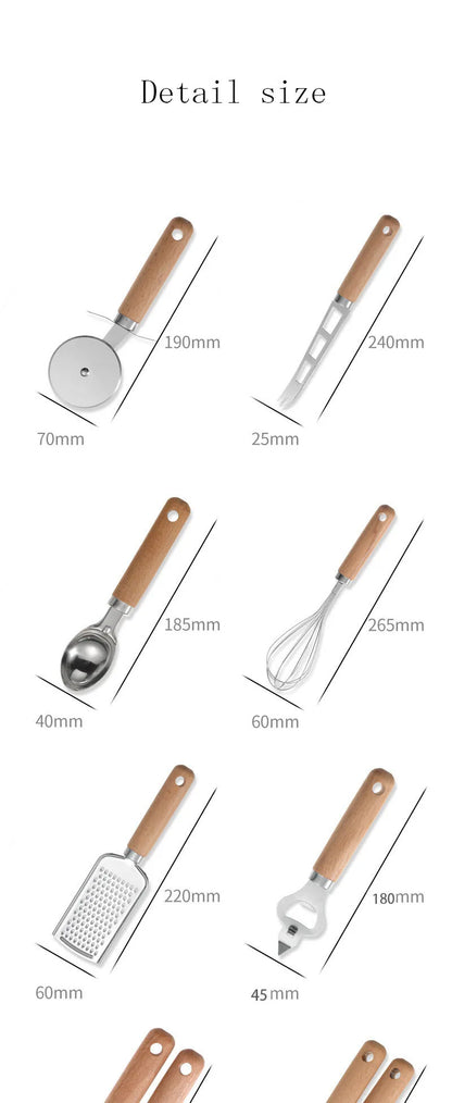 Kitchen Gadget Set Wooden Handle Stainless Steel Utensils Can Opener Peeler Garlic Press Cheese Grater Whisk Kitchen Accessories