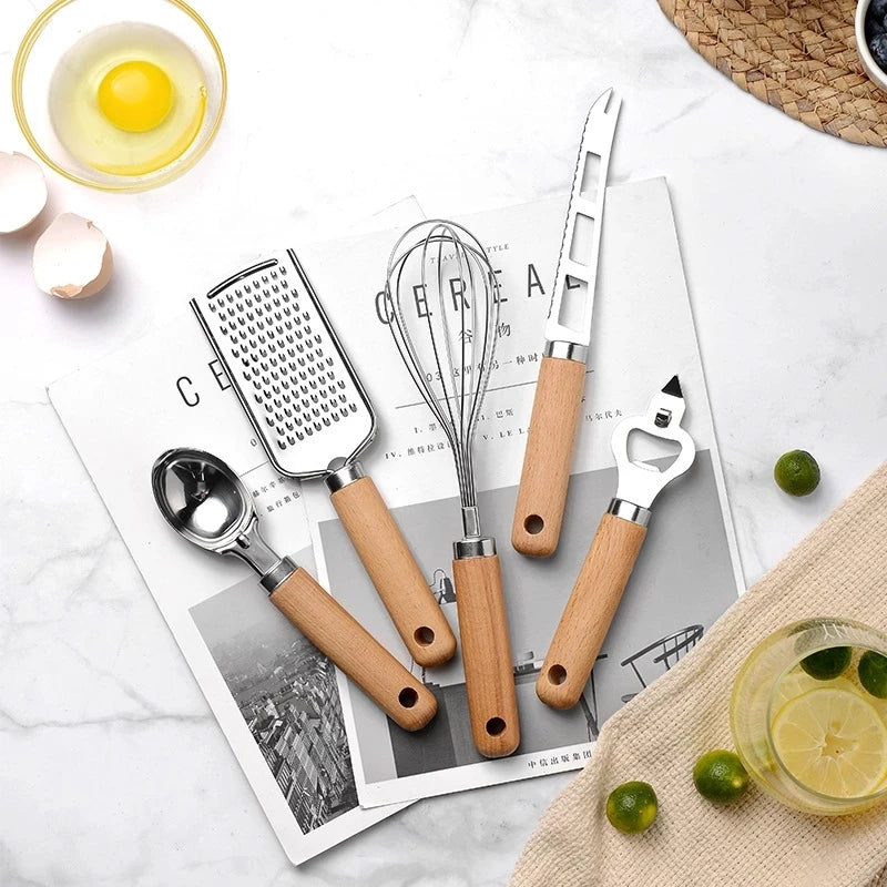 Kitchen Gadget Set Wooden Handle Stainless Steel Utensils Can Opener Peeler Garlic Press Cheese Grater Whisk Kitchen Accessories