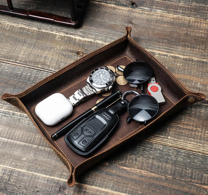 Genuine Leather Foldable Storage Trays Cowhide Square Tray Key Wallet Coin Organizer Home Office Desktop Storage Sundries Box